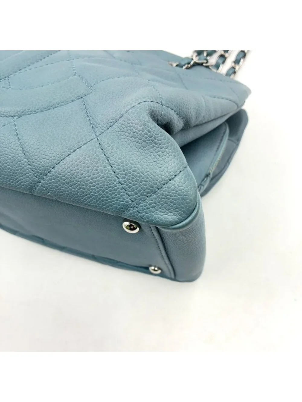 Chanel CC Logo Quilted Caviar Leather Blue Chain Shoulder Bag Silver